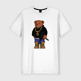 Мужская футболка хлопок Slim с принтом Gangsta bear (Крутой мишка) в Тюмени, 92% хлопок, 8% лайкра | приталенный силуэт, круглый вырез ворота, длина до линии бедра, короткий рукав | bear | gangsta | бандит | гангстер | ганста | генста | крутой | медведь | мишка | опасный | четкий | чоткий