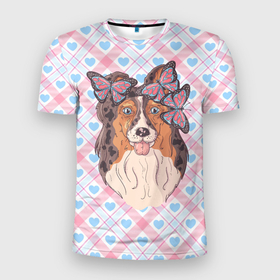 Мужская футболка 3D Slim с принтом Собачка  с   бабочками в Санкт-Петербурге, 100% полиэстер с улучшенными характеристиками | приталенный силуэт, круглая горловина, широкие плечи, сужается к линии бедра | бабочки | пес | песик | собака | собачка | щенок