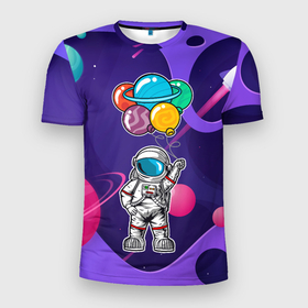 Мужская футболка 3D Slim с принтом Космонавт  с  шариками в Петрозаводске, 100% полиэстер с улучшенными характеристиками | приталенный силуэт, круглая горловина, широкие плечи, сужается к линии бедра | день рождения | космонавт | космонавт с  шариками | космос | праздник | праздничный | шарики