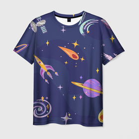 Мужская футболка 3D с принтом Космический дизайн с планетами, звёздами и ракетами в Тюмени, 100% полиэфир | прямой крой, круглый вырез горловины, длина до линии бедер | астероид | астронавт | астрономия | звездопад | звезды | инопланетяне | космический корабль | космонавт | космос | летающая тарелка | луна | нло | планета | планеты | ракета | сатурн