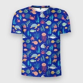 Мужская футболка 3D Slim с принтом Морские Рыбки 3D в Кировске, 100% полиэстер с улучшенными характеристиками | приталенный силуэт, круглая горловина, широкие плечи, сужается к линии бедра | бассейн | для бассейна | море | морские | отпуск | пляж | пляжный | рыбки | рыбы | с рыбой