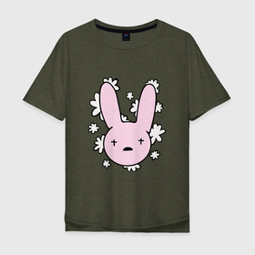 Мужская футболка хлопок Oversize с принтом Bad Bunny Floral Bunny в Кировске, 100% хлопок | свободный крой, круглый ворот, “спинка” длиннее передней части | bad bunny floral bunny | bunny rabbit with basket | rabbit face | зайка | зайчик | кролик | розовый кролик | свэг