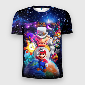 Мужская футболка 3D Slim с принтом Super Mario Odyssey   Space   Video game , 100% полиэстер с улучшенными характеристиками | приталенный силуэт, круглая горловина, широкие плечи, сужается к линии бедра | bowser | heroes | space | stars | super mario | team | video game | боузер | видеоигра | герои | звёзды | космос | супер марио