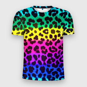 Мужская футболка 3D Slim с принтом Leopard Pattern   Neon в Екатеринбурге, 100% полиэстер с улучшенными характеристиками | приталенный силуэт, круглая горловина, широкие плечи, сужается к линии бедра | fashion | leopard | neon | pattern | skin | vanguard | авангард | леопард | мода | неон | узор
