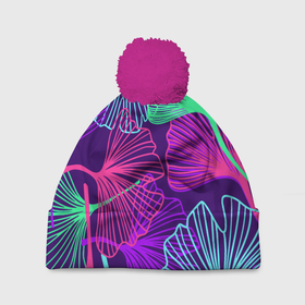 Шапка 3D c помпоном с принтом Neon color pattern   Fashion 2023 в Кировске, 100% полиэстер | универсальный размер, печать по всей поверхности изделия | color | fashion | leaf | neon | pattern | лист | мода | неон | узор | цвет