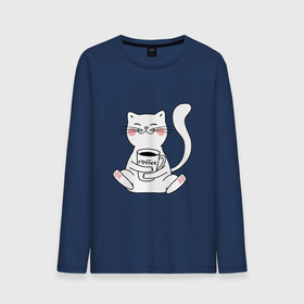Мужской лонгслив хлопок с принтом белый кот с кофе в Новосибирске, 100% хлопок |  | cat | белый кот | киса | кот кофе | котик | котокофий | котэ китюлька | кофе