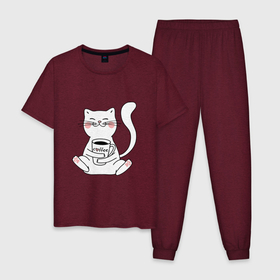 Мужская пижама хлопок с принтом белый кот с кофе в Кировске, 100% хлопок | брюки и футболка прямого кроя, без карманов, на брюках мягкая резинка на поясе и по низу штанин
 | cat | белый кот | киса | кот кофе | котик | котокофий | котэ китюлька | кофе