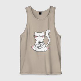 Мужская майка хлопок с принтом белый кот с кофе в Белгороде, 100% хлопок |  | cat | белый кот | киса | кот кофе | котик | котокофий | котэ китюлька | кофе