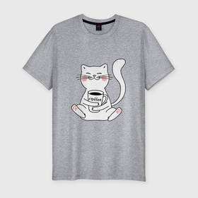 Мужская футболка хлопок Slim с принтом белый кот с кофе , 92% хлопок, 8% лайкра | приталенный силуэт, круглый вырез ворота, длина до линии бедра, короткий рукав | cat | белый кот | киса | кот кофе | котик | котокофий | котэ китюлька | кофе