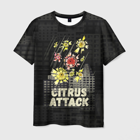 Мужская футболка 3D с принтом Атака цитрусов в Петрозаводске, 100% полиэфир | прямой крой, круглый вырез горловины, длина до линии бедер | абстрактный | город | лимон | урбанистический | фрукт | цитрус