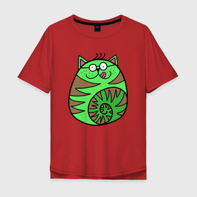 Мужская футболка хлопок Oversize с принтом Зеленый круглый кот в Санкт-Петербурге, 100% хлопок | свободный крой, круглый ворот, “спинка” длиннее передней части | зеленый кот | кот | котенок | котик | кошка | круглый кот