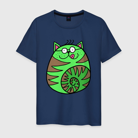 Мужская футболка хлопок с принтом Зеленый круглый кот в Петрозаводске, 100% хлопок | прямой крой, круглый вырез горловины, длина до линии бедер, слегка спущенное плечо. | зеленый кот | кот | котенок | котик | кошка | круглый кот
