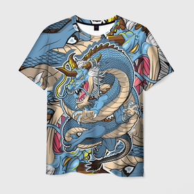 Мужская футболка 3D с принтом Синий дракон монст в Екатеринбурге, 100% полиэфир | прямой крой, круглый вырез горловины, длина до линии бедер | дракон | монстр | япония | ящер