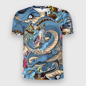 Мужская футболка 3D Slim с принтом Синий дракон монст в Белгороде, 100% полиэстер с улучшенными характеристиками | приталенный силуэт, круглая горловина, широкие плечи, сужается к линии бедра | дракон | монстр | япония | ящер
