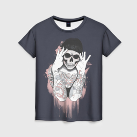 Женская футболка 3D с принтом Больные мысли в Петрозаводске, 100% полиэфир ( синтетическое хлопкоподобное полотно) | прямой крой, круглый вырез горловины, длина до линии бедер | девушка | тату | хипстер | череп | эмо