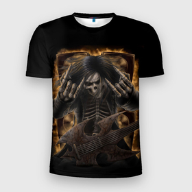 Мужская футболка 3D Slim с принтом Мертвая рок звезда в Новосибирске, 100% полиэстер с улучшенными характеристиками | приталенный силуэт, круглая горловина, широкие плечи, сужается к линии бедра | heavy | metall | rock | гитара | гот | метал | музыка | рок | скелет | хеви | череп