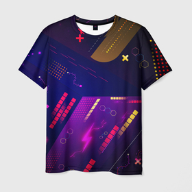 Мужская футболка 3D с принтом Cyber neon pattern   Vanguard в Петрозаводске, 100% полиэфир | прямой крой, круглый вырез горловины, длина до линии бедер | abstraction | cyber | neon | pattern | vanguard | абстракция | авангард | неон | узор