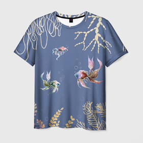 Мужская футболка 3D с принтом Разноцветные акварельные рыбки с морскими водорослями в Санкт-Петербурге, 100% полиэфир | прямой крой, круглый вырез горловины, длина до линии бедер | акварельные водоросли | акварельные рыбки | акварельный дизайн | акварельный принт | аквариум | аквариумные рыбки | морской | морской дизайн | разноцветные водоросли | разноцветные рыбки
