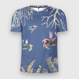 Мужская футболка 3D Slim с принтом Разноцветные акварельные рыбки с морскими водорослями в Кировске, 100% полиэстер с улучшенными характеристиками | приталенный силуэт, круглая горловина, широкие плечи, сужается к линии бедра | Тематика изображения на принте: акварельные водоросли | акварельные рыбки | акварельный дизайн | акварельный принт | аквариум | аквариумные рыбки | морской | морской дизайн | разноцветные водоросли | разноцветные рыбки