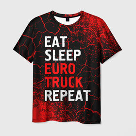 Мужская футболка 3D с принтом Eat Sleep Euro Truck Repeat   Спрей в Новосибирске, 100% полиэфир | прямой крой, круглый вырез горловины, длина до линии бедер | eat sleep euro truck repeat | euro | logo | simulator | truck | евро | игра | игры | краска | лого | логотип | символ | симулятор | спрей | трак