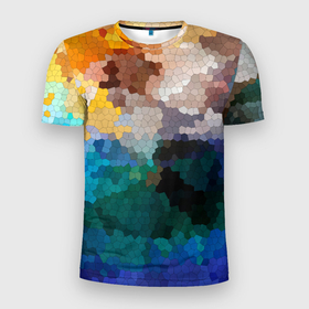 Мужская футболка 3D Slim с принтом Осенний мозаичный узор в Новосибирске, 100% полиэстер с улучшенными характеристиками | приталенный силуэт, круглая горловина, широкие плечи, сужается к линии бедра | абстрактный | камуфляж | милитари | модный | мозаика | разноцветный | современный