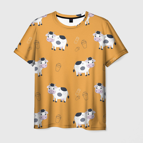 Мужская футболка 3D с принтом Веселые коровки с ведрами молока в Тюмени, 100% полиэфир | прямой крой, круглый вырез горловины, длина до линии бедер | Тематика изображения на принте: cow | cows | бидон | бидон молока | ведерко | ведро | де | детский | детский принт | домашние животные | животные | животные для детей | корова | коровка | коровы | милая корова | милый | молоко | мультики
