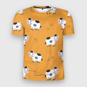 Мужская футболка 3D Slim с принтом Веселые коровки с ведрами молока в Санкт-Петербурге, 100% полиэстер с улучшенными характеристиками | приталенный силуэт, круглая горловина, широкие плечи, сужается к линии бедра | cow | cows | бидон | бидон молока | ведерко | ведро | де | детский | детский принт | домашние животные | животные | животные для детей | корова | коровка | коровы | милая корова | милый | молоко | мультики