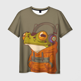 Мужская футболка 3D с принтом Лягуха в наушниках в Курске, 100% полиэфир | прямой крой, круглый вырез горловины, длина до линии бедер | Тематика изображения на принте: frog | жаба | лягуха | лягушка | наушники
