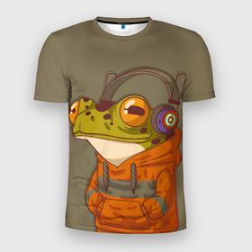 Мужская футболка 3D Slim с принтом Лягуха в наушниках в Тюмени, 100% полиэстер с улучшенными характеристиками | приталенный силуэт, круглая горловина, широкие плечи, сужается к линии бедра | frog | жаба | лягуха | лягушка | наушники