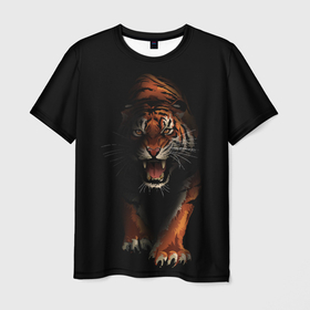 Мужская футболка 3D с принтом Тигр на черном фоне в Екатеринбурге, 100% полиэфир | прямой крой, круглый вырез горловины, длина до линии бедер | большая кошка | зверь | тигр | тигрище | хищник