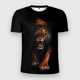 Мужская футболка 3D Slim с принтом Тигр на черном фоне в Курске, 100% полиэстер с улучшенными характеристиками | приталенный силуэт, круглая горловина, широкие плечи, сужается к линии бедра | большая кошка | зверь | тигр | тигрище | хищник