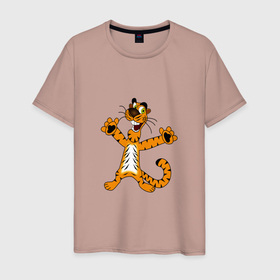 Мужская футболка хлопок с принтом ТИГР НА ПОЗИТИВЕ в Санкт-Петербурге, 100% хлопок | прямой крой, круглый вырез горловины, длина до линии бедер, слегка спущенное плечо. | акула | дикая природа | дикий | животное | животные | забавный | король тигров | кошка | милый | позитив | тигр