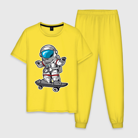 Мужская пижама хлопок с принтом Космонавт   скейтер в Кировске, 100% хлопок | брюки и футболка прямого кроя, без карманов, на брюках мягкая резинка на поясе и по низу штанин
 | Тематика изображения на принте: астронавт | космонавт | космос | скейт | скейтер