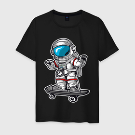 Мужская футболка хлопок с принтом Космонавт   скейтер в Кировске, 100% хлопок | прямой крой, круглый вырез горловины, длина до линии бедер, слегка спущенное плечо. | Тематика изображения на принте: астронавт | космонавт | космос | скейт | скейтер