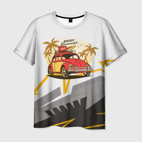 Мужская футболка 3D с принтом красная мини машина жук в Тюмени, 100% полиэфир | прямой крой, круглый вырез горловины, длина до линии бедер | Тематика изображения на принте: автомобиль | женская машина | жук | красное авто | машина | машина муж