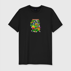 Мужская футболка хлопок Slim с принтом Turtles   Pizza Power в Кировске, 92% хлопок, 8% лайкра | приталенный силуэт, круглый вырез ворота, длина до линии бедра, короткий рукав | Тематика изображения на принте: ninja | pizza | teenage ninja mutant turtles | turtles | кавабанга