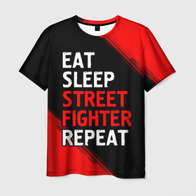 Мужская футболка 3D с принтом Eat Sleep Street Fighter Repeat | Краска в Петрозаводске, 100% полиэфир | прямой крой, круглый вырез горловины, длина до линии бедер | eat sleep street fighter repeat | fighter | logo | street | игра | игры | краска | лого | логотип | символ | стрит | файтер
