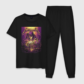 Мужская пижама хлопок с принтом Metallica   Playbill   London 2019 в Кировске, 100% хлопок | брюки и футболка прямого кроя, без карманов, на брюках мягкая резинка на поясе и по низу штанин
 | Тематика изображения на принте: claws | england | fangs | horror | jaw | london | metallica | skeleton | skull | stadium | англия | афиша | клыки | лондон | пасть | скелет | стадион | ужас | череп