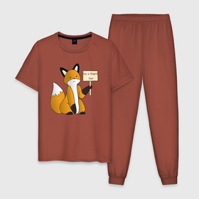 Мужская пижама хлопок с принтом I am a stupid fox , 100% хлопок | брюки и футболка прямого кроя, без карманов, на брюках мягкая резинка на поясе и по низу штанин
 | Тематика изображения на принте: a | am | fox | i | stupid | алиса | глупая | лиса | лисица | рыжая | фыр | фыр фыр | я