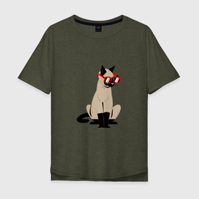 Мужская футболка хлопок Oversize с принтом КОТ И ОЧКИ в Новосибирске, 100% хлопок | свободный крой, круглый ворот, “спинка” длиннее передней части | домашнее животное | животное | забавный кот | кот | кот в очках | котенок | любитель кошек | милый | смешной