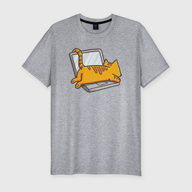 Мужская футболка хлопок Slim с принтом Котик лежит на ноутбуке в Тюмени, 92% хлопок, 8% лайкра | приталенный силуэт, круглый вырез ворота, длина до линии бедра, короткий рукав | кот | кот на ноутбуке | котенок | котик | кошка | ноут | ноутбук | сон