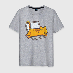 Мужская футболка хлопок с принтом Котик лежит на ноутбуке в Кировске, 100% хлопок | прямой крой, круглый вырез горловины, длина до линии бедер, слегка спущенное плечо. | кот | кот на ноутбуке | котенок | котик | кошка | ноут | ноутбук | сон