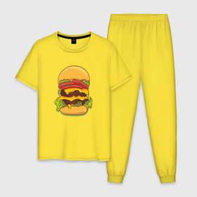 Мужская пижама хлопок с принтом Самый вкусный гамбургер в Новосибирске, 100% хлопок | брюки и футболка прямого кроя, без карманов, на брюках мягкая резинка на поясе и по низу штанин
 | hamburger | бургер | бутерброд | гамбургер | еда | мак | сендвич