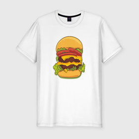 Мужская футболка хлопок Slim с принтом Самый вкусный гамбургер в Новосибирске, 92% хлопок, 8% лайкра | приталенный силуэт, круглый вырез ворота, длина до линии бедра, короткий рукав | hamburger | бургер | бутерброд | гамбургер | еда | мак | сендвич