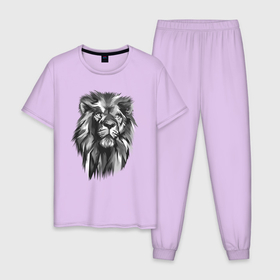 Мужская пижама хлопок с принтом Черно белая голова льва в Екатеринбурге, 100% хлопок | брюки и футболка прямого кроя, без карманов, на брюках мягкая резинка на поясе и по низу штанин
 | большая кошка | голова льва | лев | хищник | царь зверей