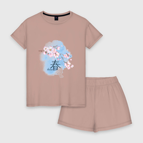 Женская пижама с шортиками хлопок с принтом Японский иероглиф весна сакура , 100% хлопок | футболка прямого кроя, шорты свободные с широкой мягкой резинкой | весенние цветы | весна | иероглиф | розовые цветы | сакура | цветущая сакура | японский иероглиф