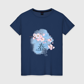 Женская футболка хлопок с принтом Японский иероглиф весна сакура в Курске, 100% хлопок | прямой крой, круглый вырез горловины, длина до линии бедер, слегка спущенное плечо | весенние цветы | весна | иероглиф | розовые цветы | сакура | цветущая сакура | японский иероглиф