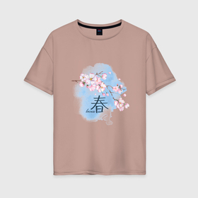Женская футболка хлопок Oversize с принтом Японский иероглиф весна сакура в Санкт-Петербурге, 100% хлопок | свободный крой, круглый ворот, спущенный рукав, длина до линии бедер
 | весенние цветы | весна | иероглиф | розовые цветы | сакура | цветущая сакура | японский иероглиф