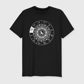 Мужская футболка хлопок Slim с принтом Зодиакальный круг   Козерог в Тюмени, 92% хлопок, 8% лайкра | приталенный силуэт, круглый вырез ворота, длина до линии бедра, короткий рукав | aquarius | capricorn | horoscope | астрология | зведы | знак зодиака | козерог | символ