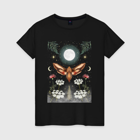 Женская футболка хлопок с принтом Ночь мотылек луна растения мистика в Петрозаводске, 100% хлопок | прямой крой, круглый вырез горловины, длина до линии бедер, слегка спущенное плечо | 